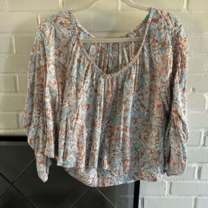 Doen Inspired Anthropologie Light Blue & Rust Floral Peasant Top